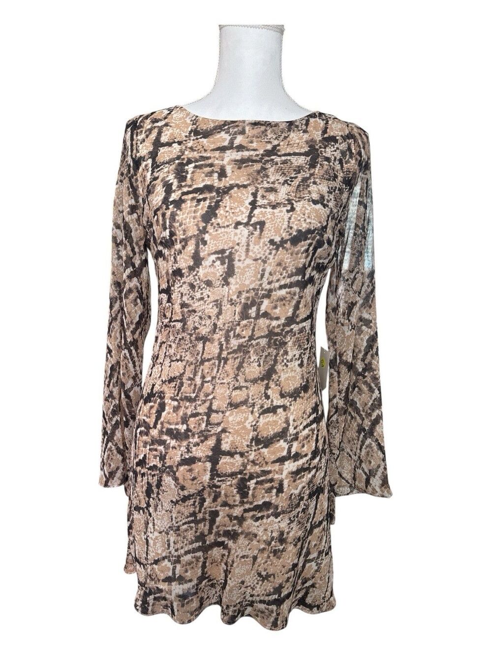 B. Darlin Snake Print Bell Sleeve Mini Dress Open Back Tie Neutral NWT Size 3/4 - Picture 2 of 9